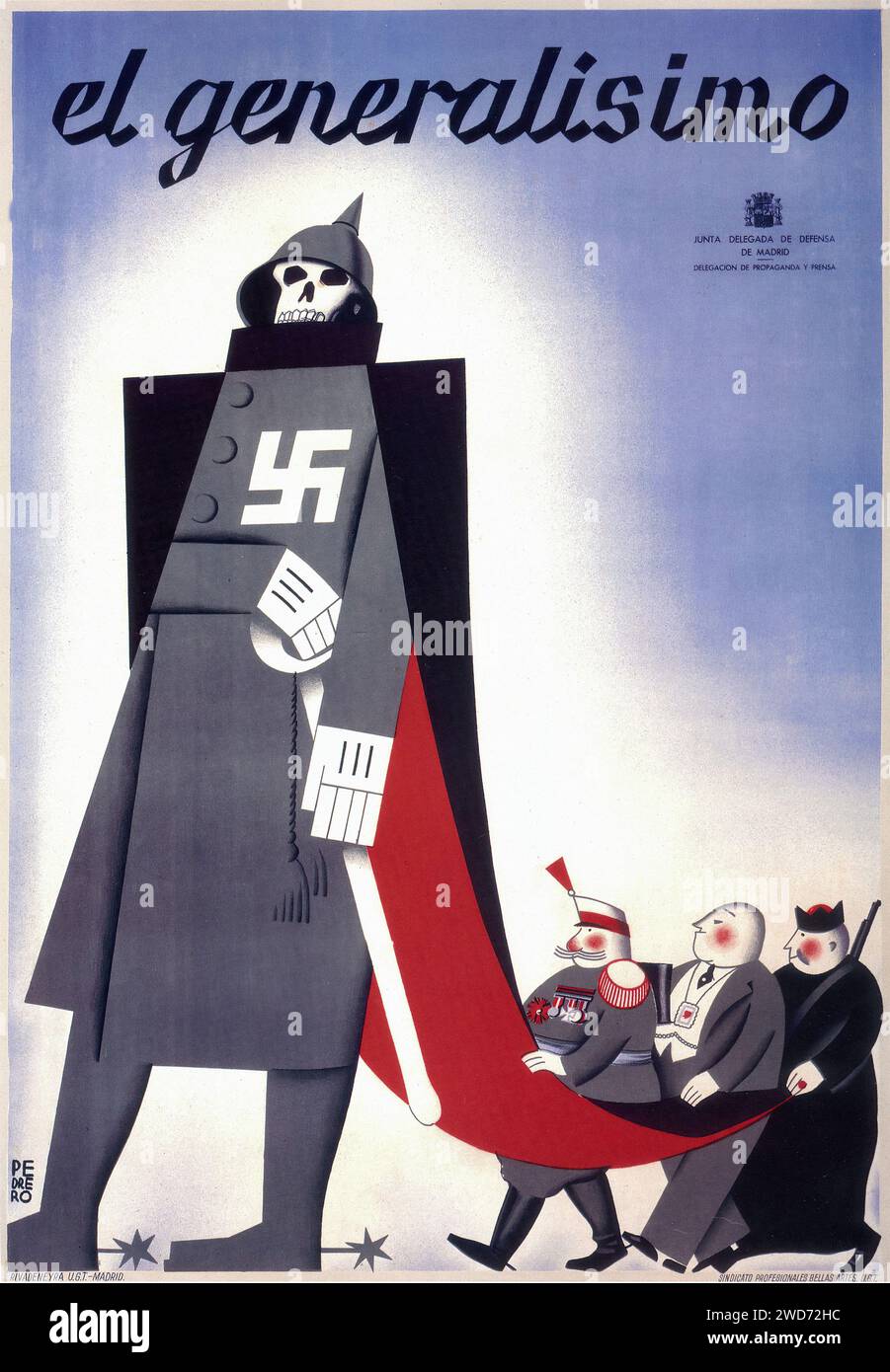 "el Generalísimo" mit einer Karikatur von Franco und Symbolen von Nazi-Deutschland Eine satirische Darstellung von Franco als Marionettenmeister, der kleinere Figuren kontrolliert, mit einem bedrohlichen Schädel und Hakenkreuzen, die seine Verbindung mit Nazi-Deutschland kritisieren - spanischer Bürgerkrieg (Guerra Civil Española) Propagandaplakat Stockfoto