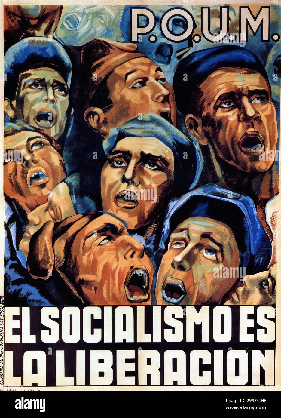 El socialismo es la liberación. Der Sozialismus ist die Befreiung. Das Bild ist ein Propagandaplakat von 1936 für die Arbeiterpartei der marxistischen Vereinigung (POUM). Es zeigt eine Gruppe von Gesichtern, die in verschiedenen Ausdrucksformen von Hoffnung und Entschlossenheit nach oben schauen, in einem realistischen, aber dramatischen Stil mit warmen Tönen. Der Text "El socialismo es la liberación" dominiert den unteren Bereich und behauptet den Sozialismus als Weg zur Freiheit. Das Kunstwerk spiegelt den sozialrealistischen Stil wider, der in der politischen Propaganda dieser Zeit populär war und entworfen wurde, um mit der Arbeiterklasse Resonanz zu finden und Solidarität zu inspirieren Stockfoto