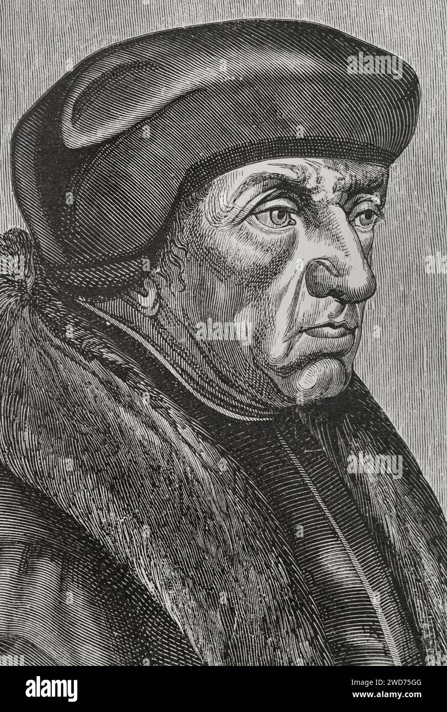 Erasmus (ca. 1466-1536). Niederländischer Theologe, Philosoph und Humanist. Hochformat. Details. Gravur. Sciences & Lettres au Moyen Age et à l'époque de la Renaissance. París, 1877. Stockfoto