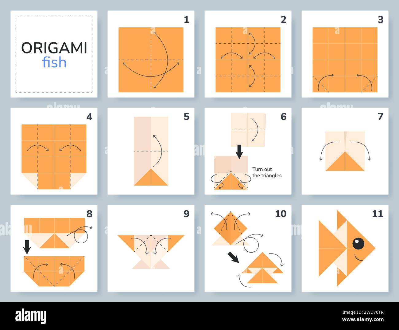 Origami Tutorial für Kinder. Origami niedlichen Fisch. Stock Vektor