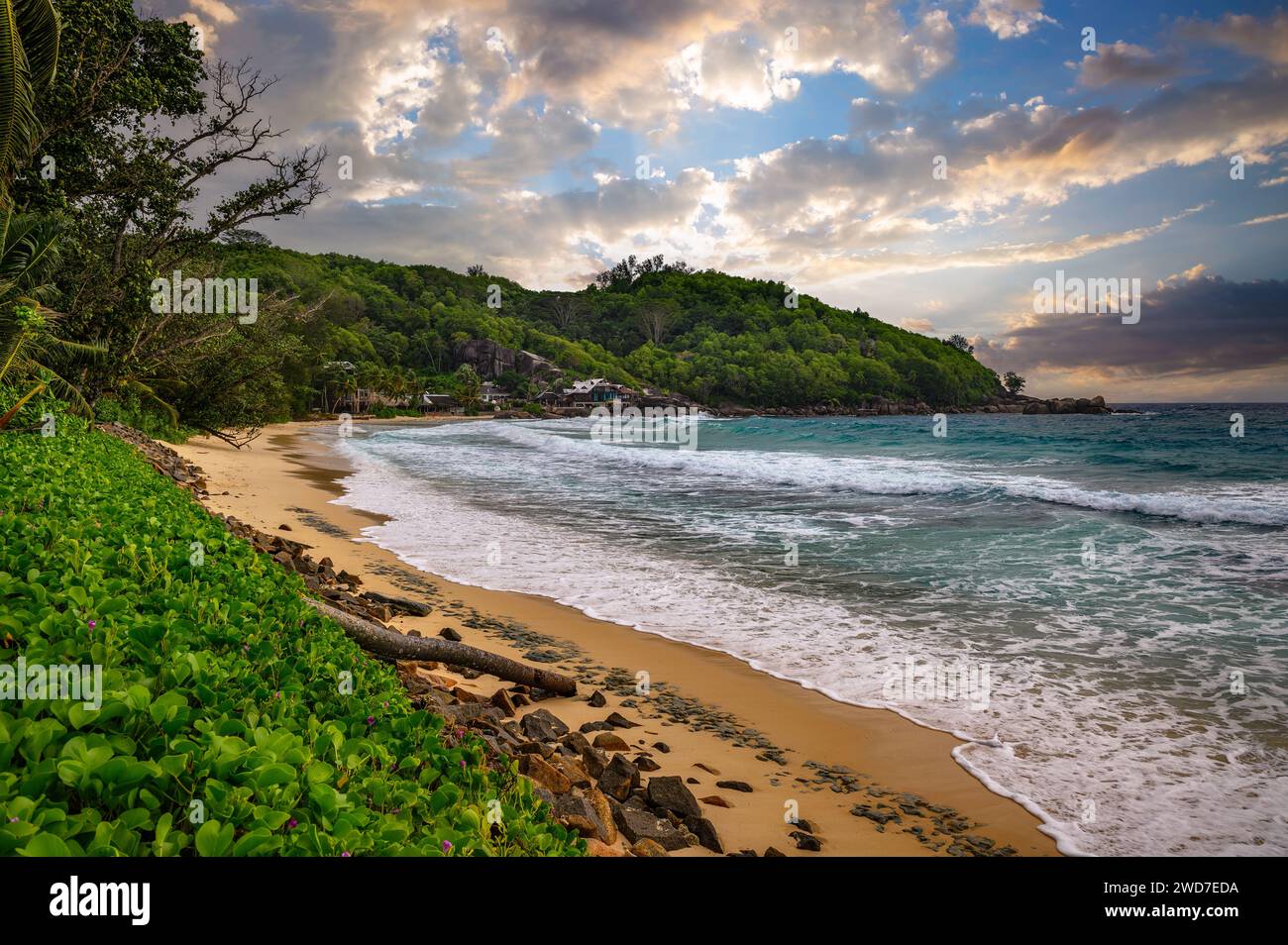 Tropischer Strand auf Mahe Island, Seychellen, während Sonnenuntergang Stockfoto