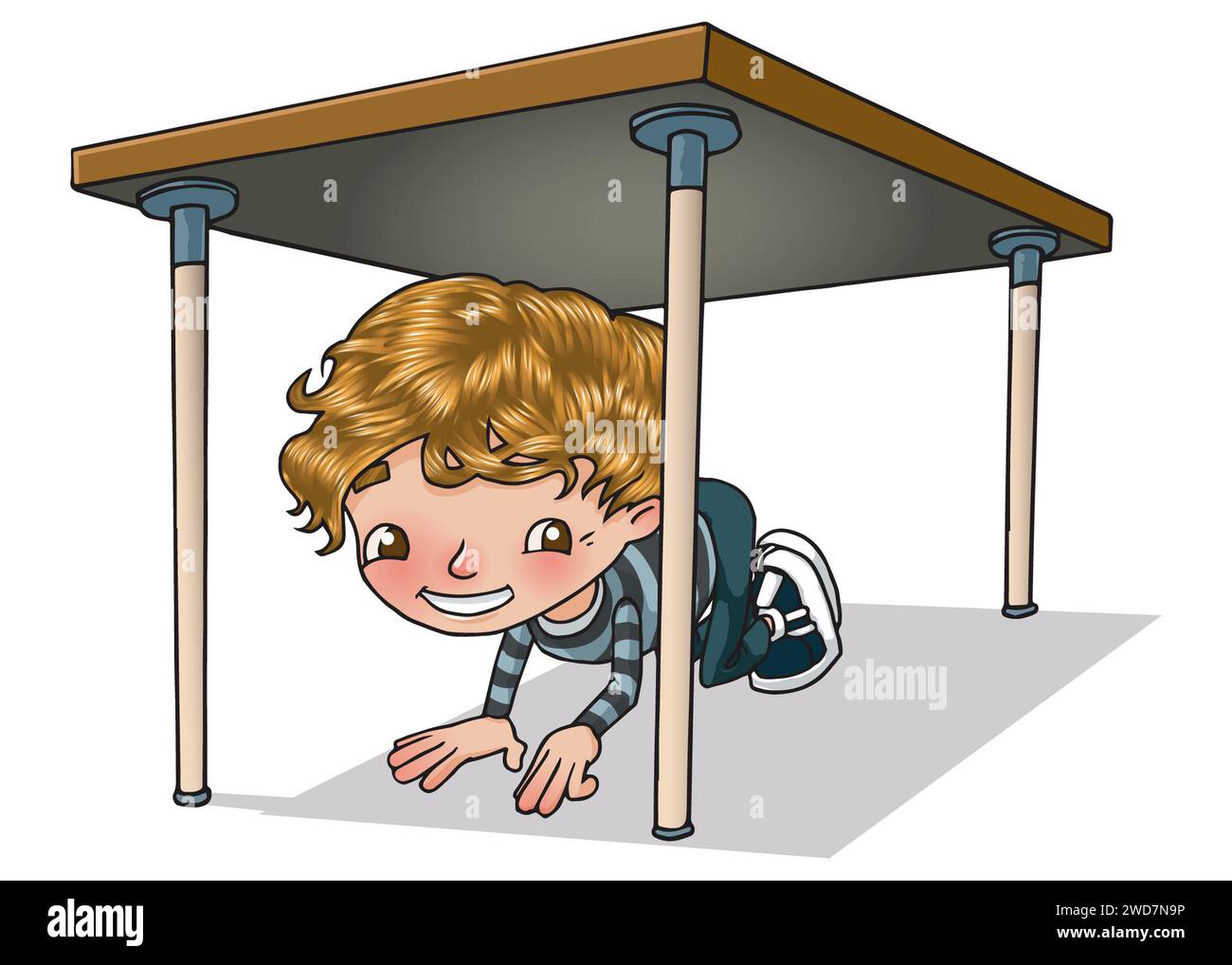 Kunstillustration, junger weißer Junge, 5-7 Jahre alt, Versteckspiel unter einem Holztisch, Schultisch, aktives Spiel, Fantasie, pädagogische Kunst Stockfoto