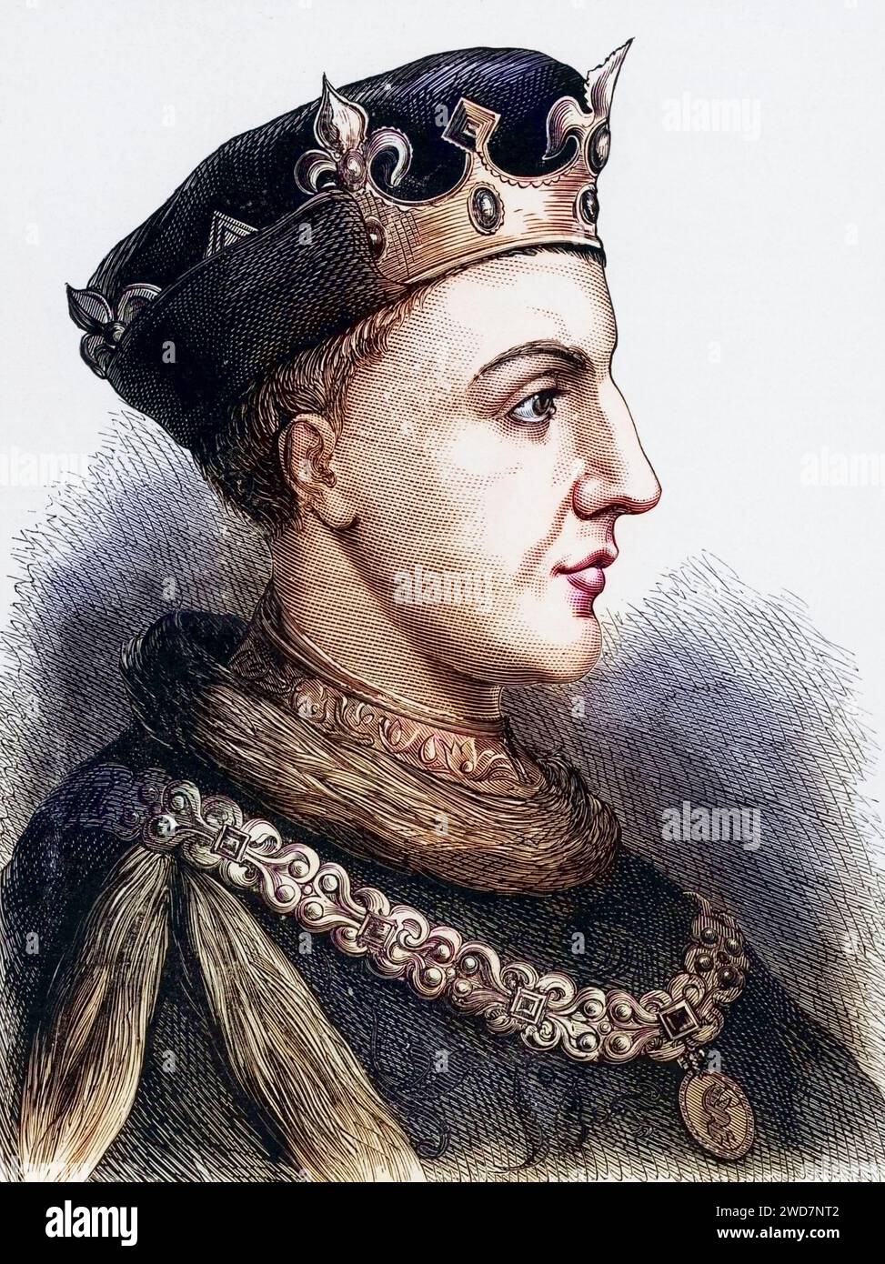 Heinrich V. (1387–1422), König von England seit 1413, 1415 nahe er den Hundertjährigen Krieg wieder auf, starb 1422 an der Ruhr, während er auf einem Feldzug seine Ansprüche auf den französischen Thron verfolgte, Mitglied der lancastrischen Dynastie, Historisch, digital restaurierte Reproduktion von einer Vorlage aus dem 19. Jahrhundert, Datum nicht angegeben Stockfoto