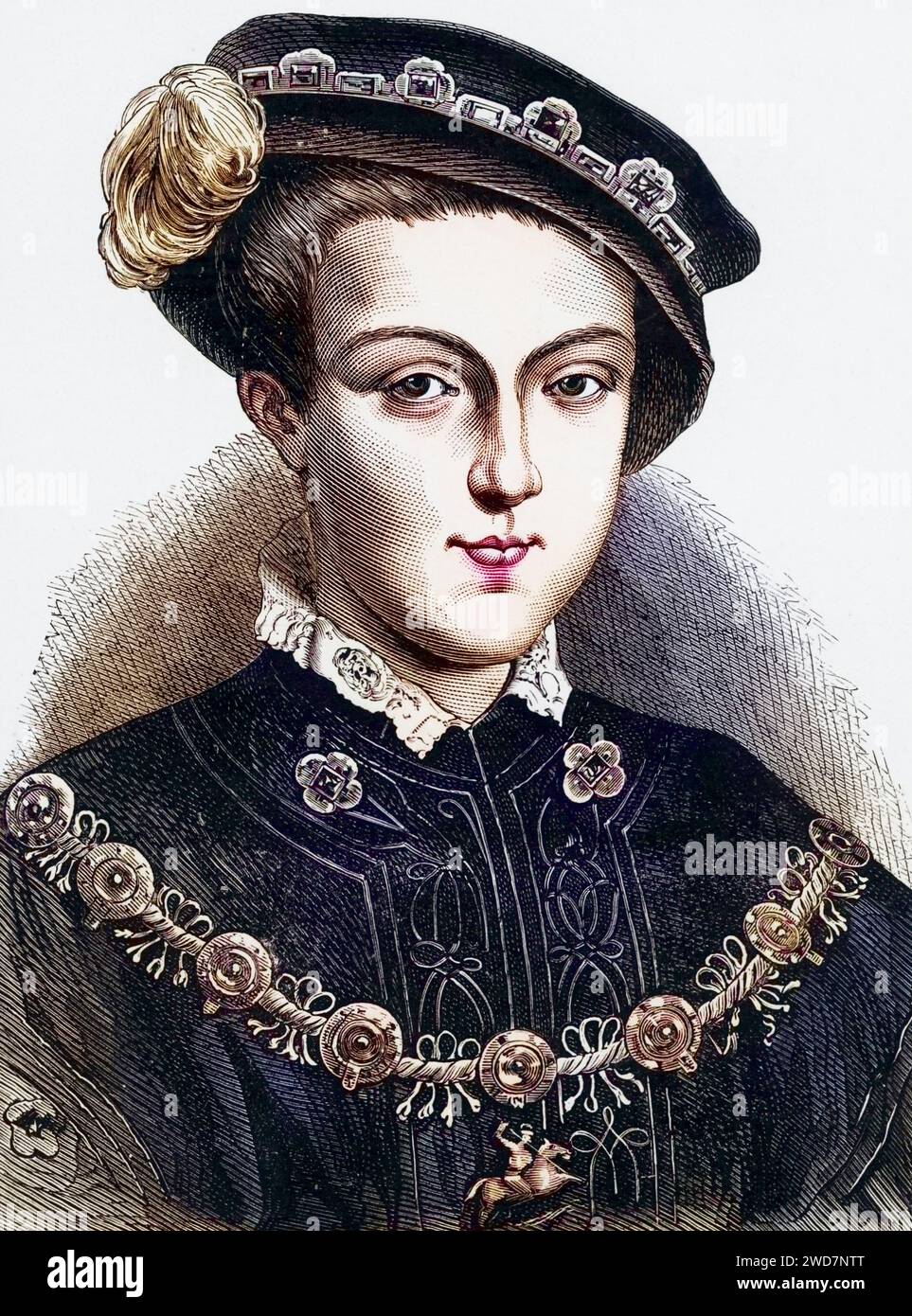 Edward VI (1537-1553), König von England und Irland ab 1547, Sohn von Heinrich VIII Und seiner dritten Frau Jane Seymour, er war immer ein kränkliches Kind und starb eines natürlichen Todes, Mitglied der Tudor-Dynastie, Historisch, digital restaurierte Reproduktion von einer Vorlage aus dem 19. Jahrhundert, Datum nicht angegeben Stockfoto