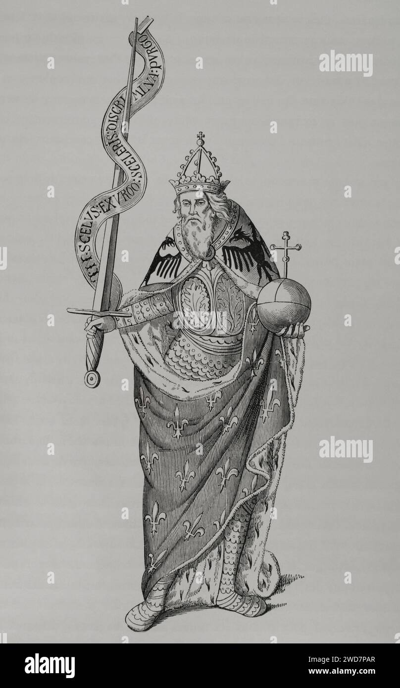 Karl Der Große (742-814). König der Franken (768–814), König der Langobarden (774–814) und Kaiser des Heiligen Römischen Reiches (800–814). Karl der große hält den Globus-Kreuzer in der einen Hand und das Schwert in der anderen. Motto um das Schwert herum: In scelus exurgo sceleris diskrimina purgo. Gravur aus einer Miniatur in "Registres de l'Université de Paris". "Moeurs, usages et Kostüumes au moyen-âge et à l'époque de la Renaissance" von Paul Lacroix. Paris, 1878. Stockfoto