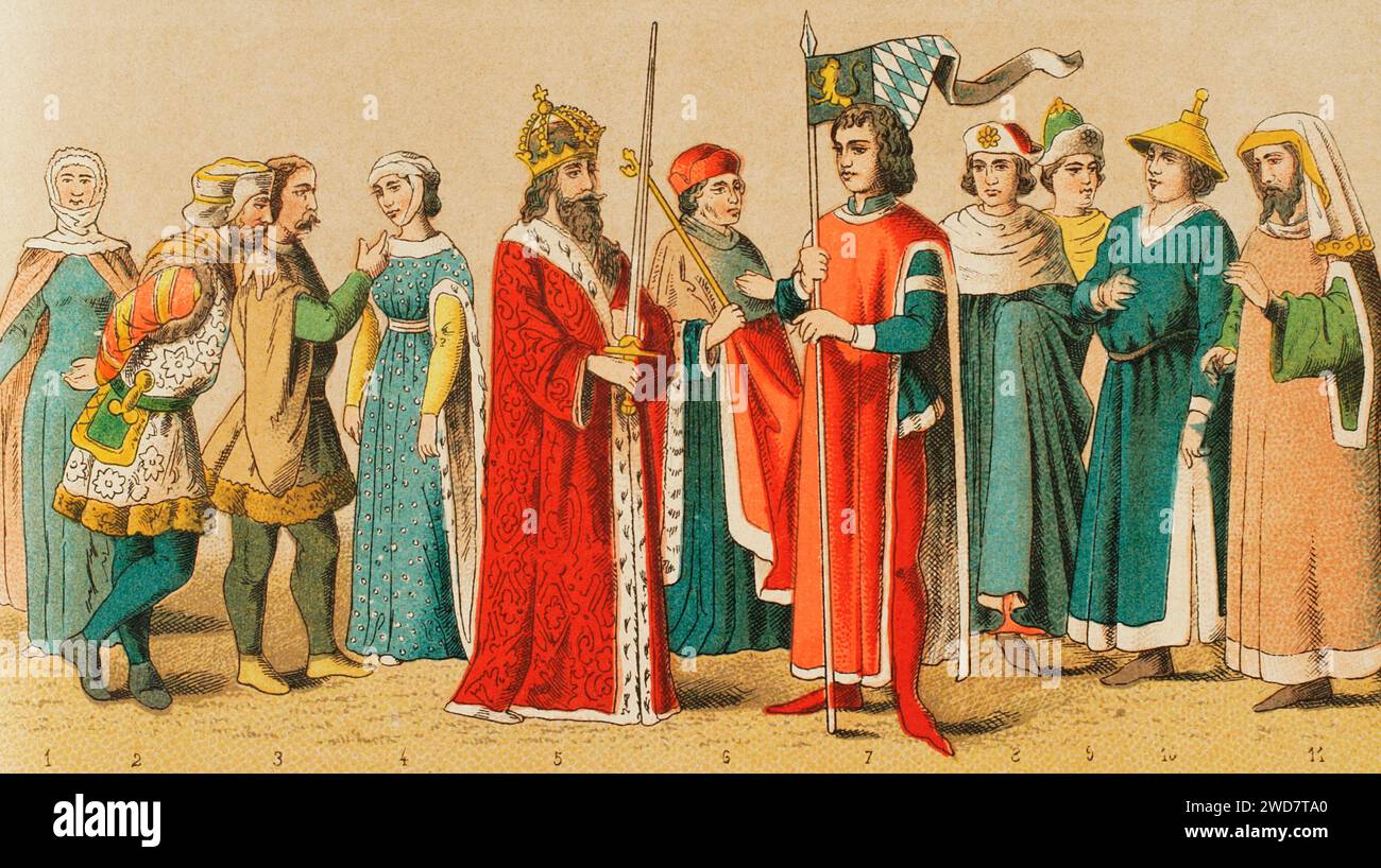 Geschichte Deutschlands. Mittelalter. 1400-1450. Von links nach rechts, 1: Dame, 2-3: Adlige, 4: Dame, 5: Kaiser Sigismund, 6: Kurfürst, 7: Herzog von Bayern, 8–9: universitätskostüme, 10–11: Juden. Chromolithographie. "Historia Universal", von César Cantú. Band VII, 1881. Stockfoto