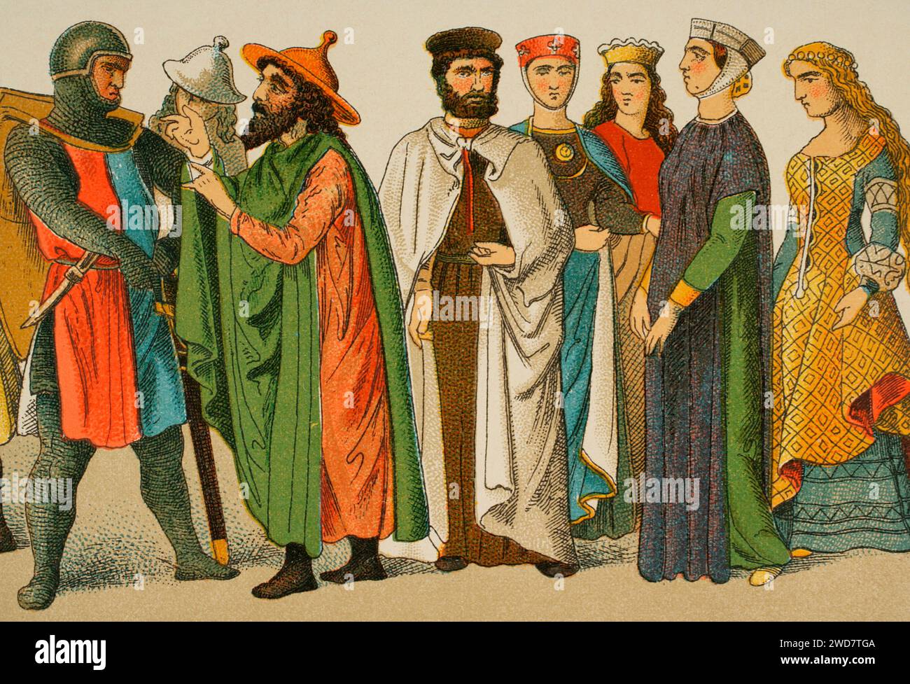 Geschichte Deutschlands. Mittelalter. 1200. Von links nach rechts Ritter, Juden, Ritter des Deutschen Ordens und Adelsfrauen. Chromolithographie. "Historia Universal", von César Cantú. Band X, 1881. Stockfoto