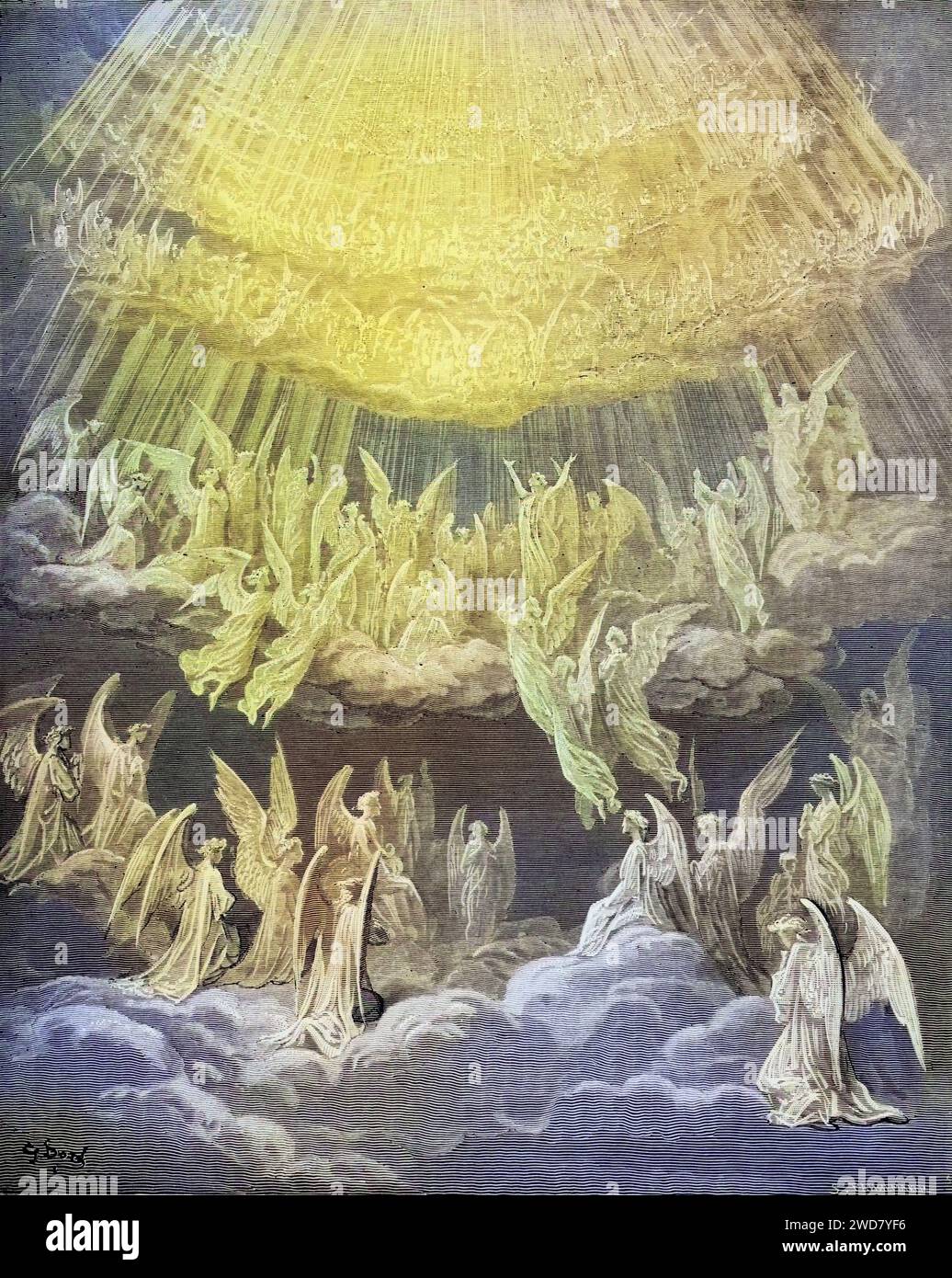 Illustration für Paradiso, die Göttliche Komödie von Dante Alighieri Canto, Ehre sei dem Vater, dem Sohn und dem Heiligen Geist, von Gustave Dore 1832-1883, französischer Künstler, Inferno, Hölle, Paradies, Engel, Verdammnis, Historisch, digital restaurierte Reproduktion von einer Vorlage aus dem 19. Jahrhundert, Datum nicht angegeben Stockfoto