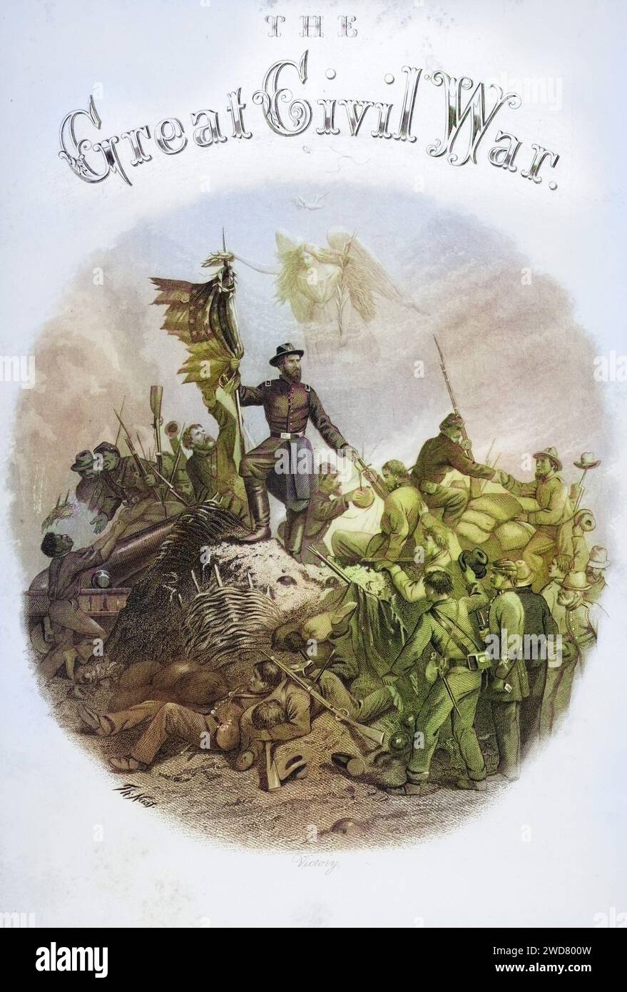 Allegorische Gravur des Belages auf der Titelseite von Band 3 The Great Civil war A History of the Spate Rebellion von Robert Tomes & Benjamin G. Smith, veröffentlicht von R. Worthington New York 1860er Jahre, Historisch, digital restaurierte Reproduktion von einer Vorlage aus dem 19. Jahrhundert, Datum nicht angegeben Stockfoto