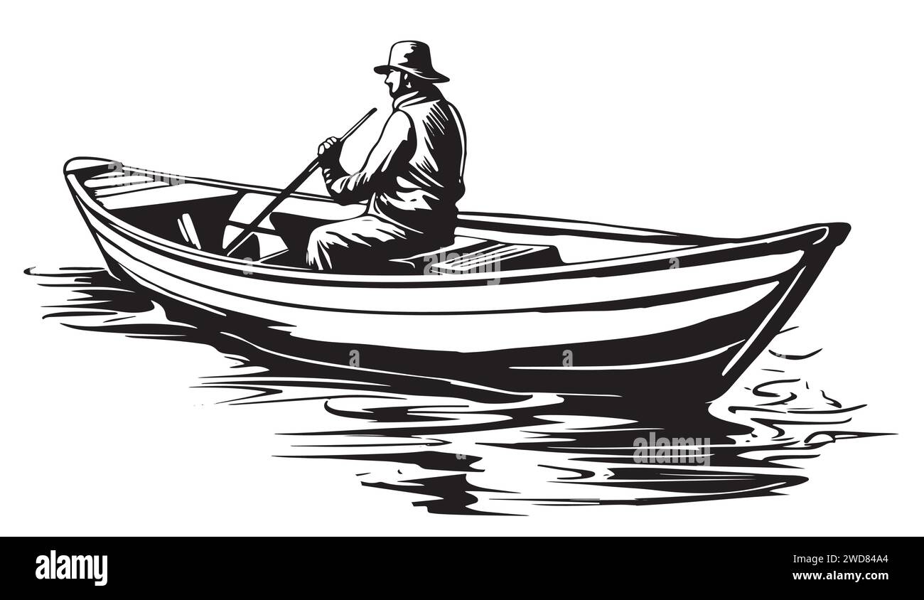 Ein Fischer mit einer Angelrute im Boot. Wellen und Reflexion. Skizze. Handzeichnung umreißen. Isoliertes Vektorobjekt auf weißem Hintergrund. Stock Vektor