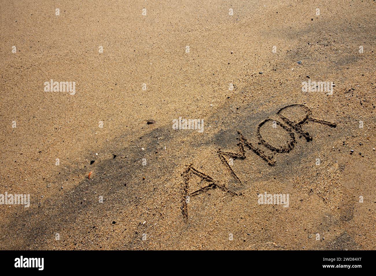 Flüstert der Zuneigung: „Amor“ in den Sand, eine Leinwand am Meer, die zeitlose Romantik an den Wellen einfängt Stockfoto