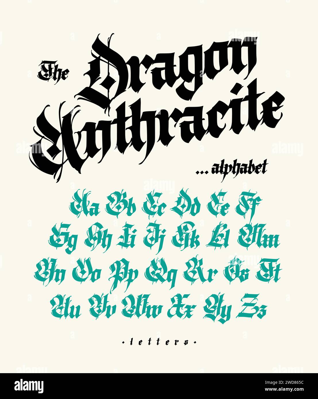 Gotische Schriftart aus lateinischen Buchstaben. Vektor. Englisches Alphabet. Mittelalterlicher europäischer Stil. Englisches Alphabet 9.-19. Jahrhundert. Symbole und Zeichen für Monogramm A. Stock Vektor