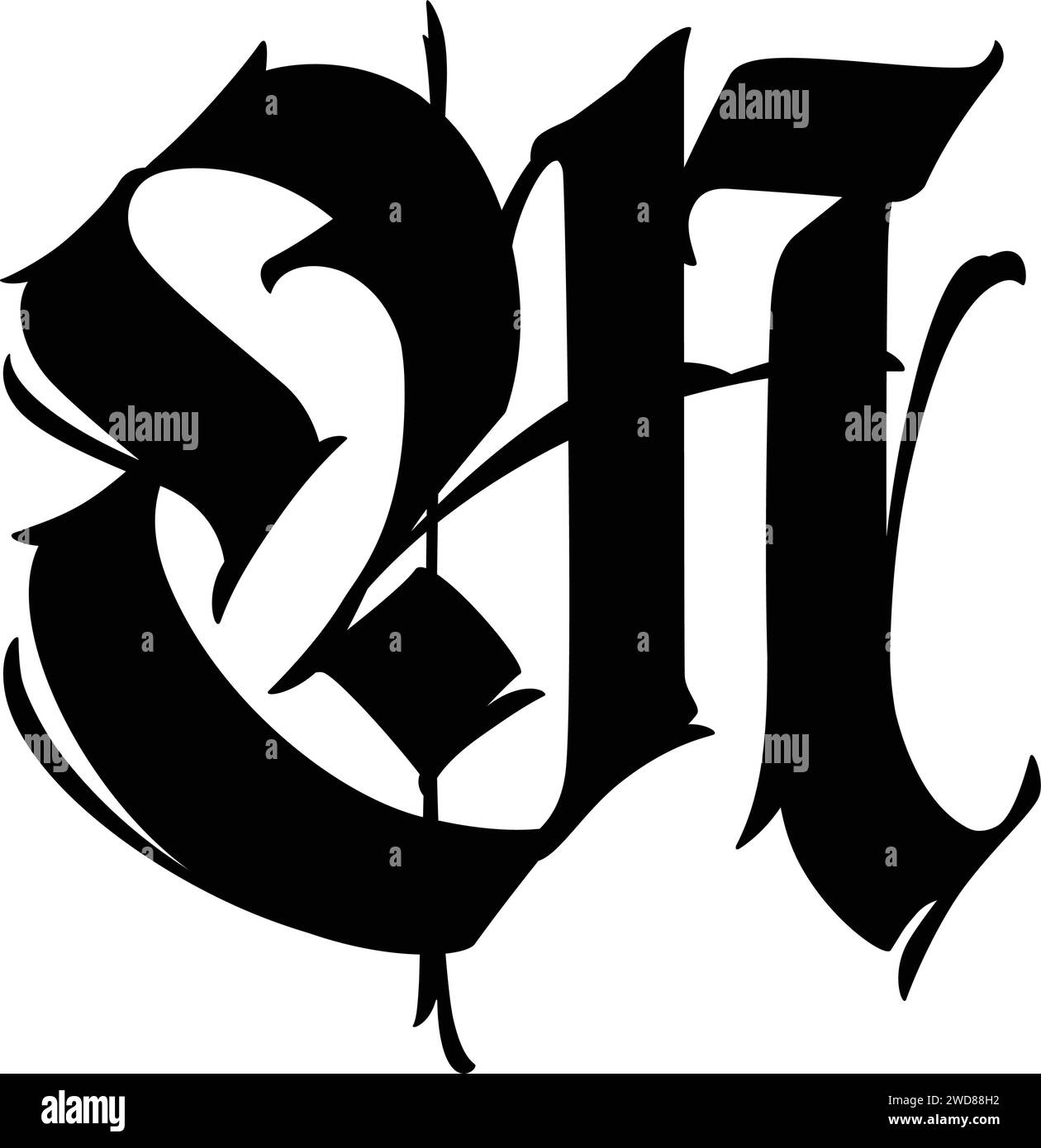 Der Buchstabe M im gotischen Stil. Vektor. Alphabet. Kalligraphie und Schriftzüge. Mittelalterlicher lateinischer Buchstabe. Logo für das Unternehmen. Monogramm. Elegante Schriftart für ta Stock Vektor