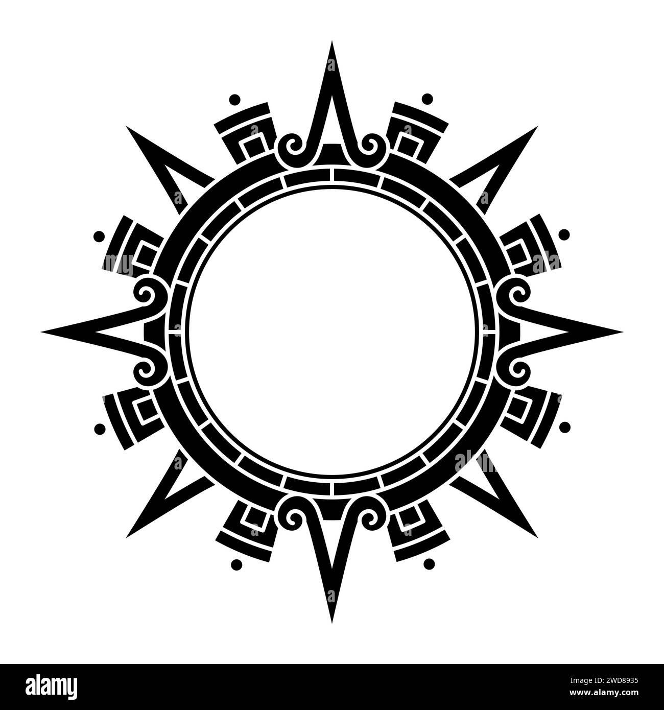 Aztekische Sonnenscheibe, Sonnensymbol und Diadem, die aztekische Sonnengottheit Tonatiuh repräsentieren. Hauptpfeile oder Sonnenstrahlen, die in die Kardinalrichtungen zeigen. Stockfoto