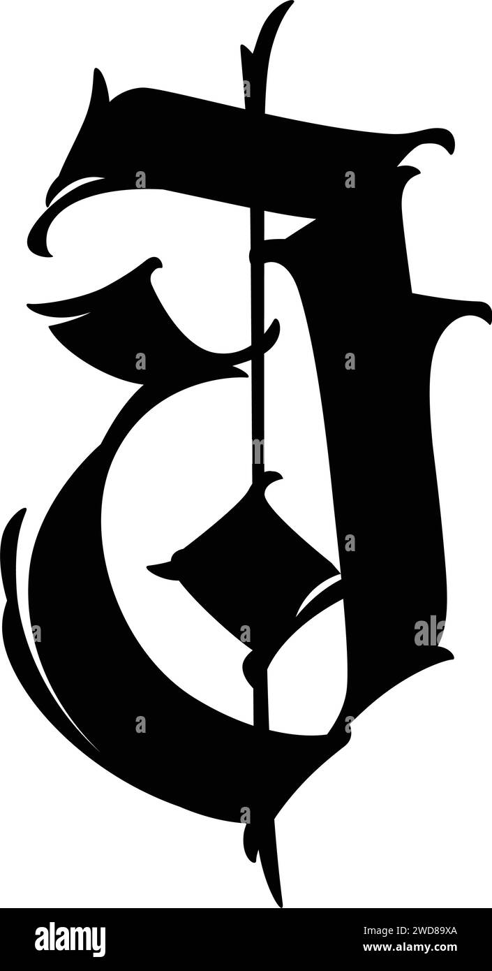 Buchstabe J im gotischen Stil. Vektor. Alphabet. Kalligraphie und Schriftzüge. Mittelalterlicher lateinischer Buchstabe. Logo für das Unternehmen. Monogramm. Elegante Schriftart für ta Stock Vektor