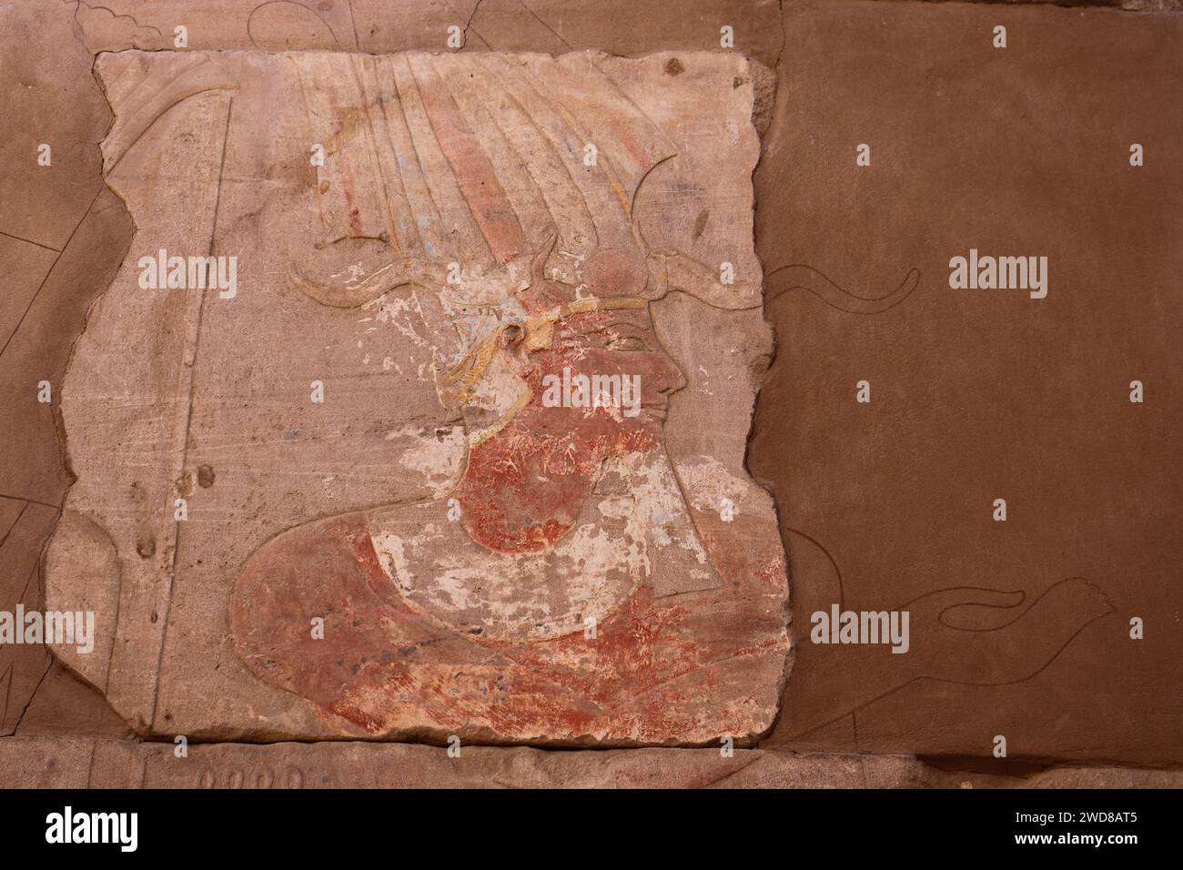 altägyptische Hieroglyphen und Schnitzereien im Satet-Tempel in Assuan, Ägypten Stockfoto