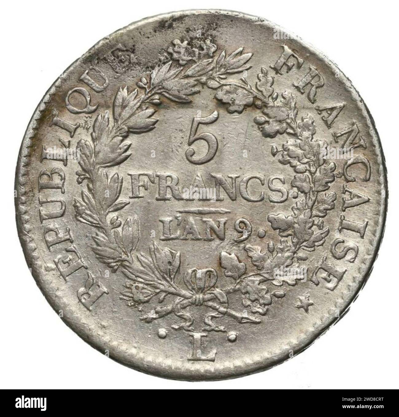 5 Francs 9 L'an - Französische Republik (1800) Bielik-Münzen 01. Stockfoto