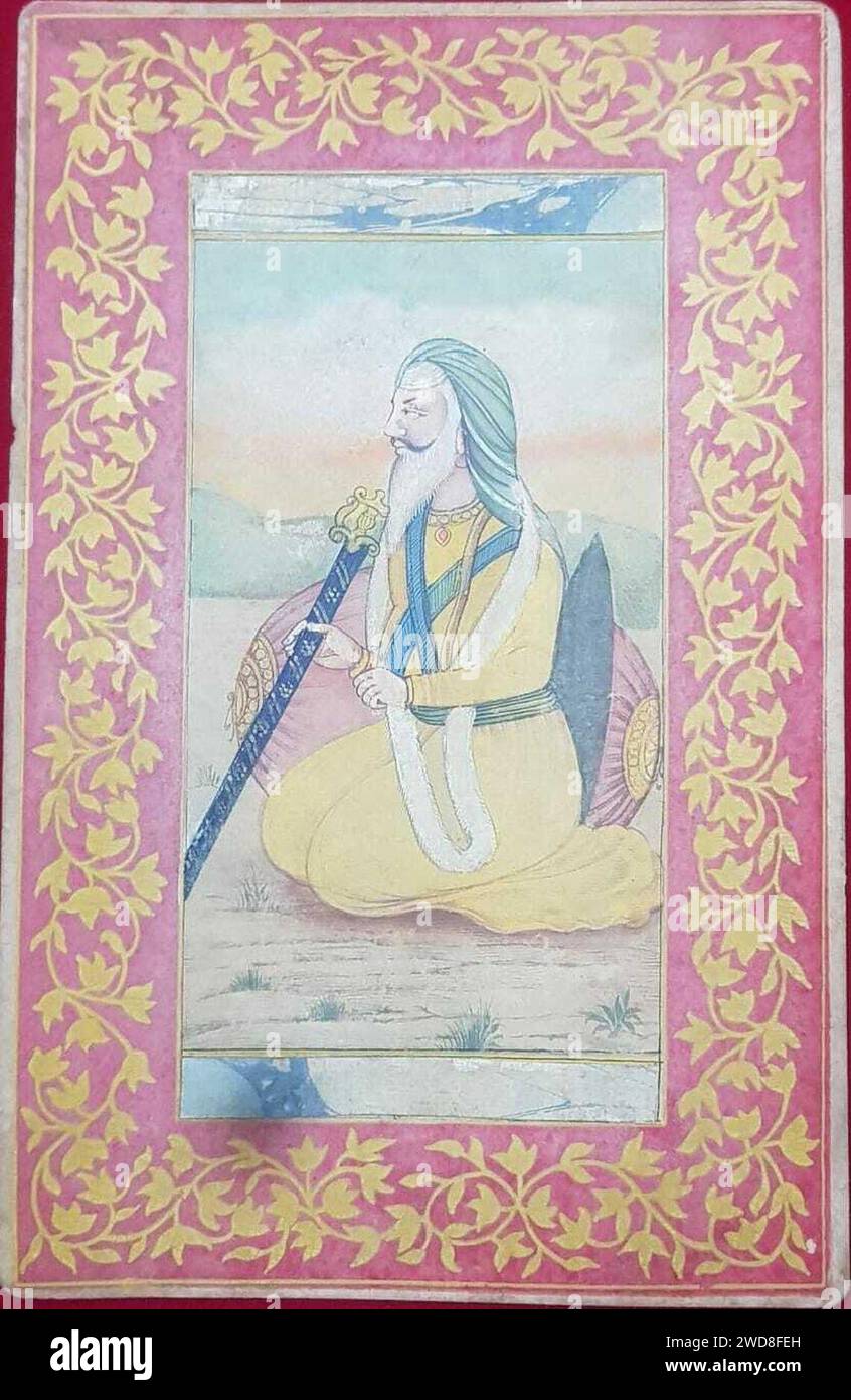 Miniaturmalerei eines Sikh-Kriegers aus dem 19. Jahrhundert, der draußen sitzt und sich gegen ein Polster lehnt, bewaffnet mit einem umhüllten Schwert und einem Dhal-Schild. Stockfoto