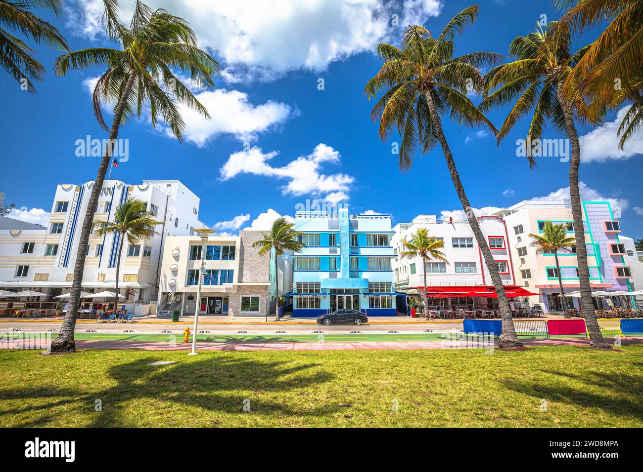 Miami South Beach Ocean Drive Bunte Art déco-Straßenarchitektur, Florida State in den Vereinigten Staaten von Amerika Stockfoto