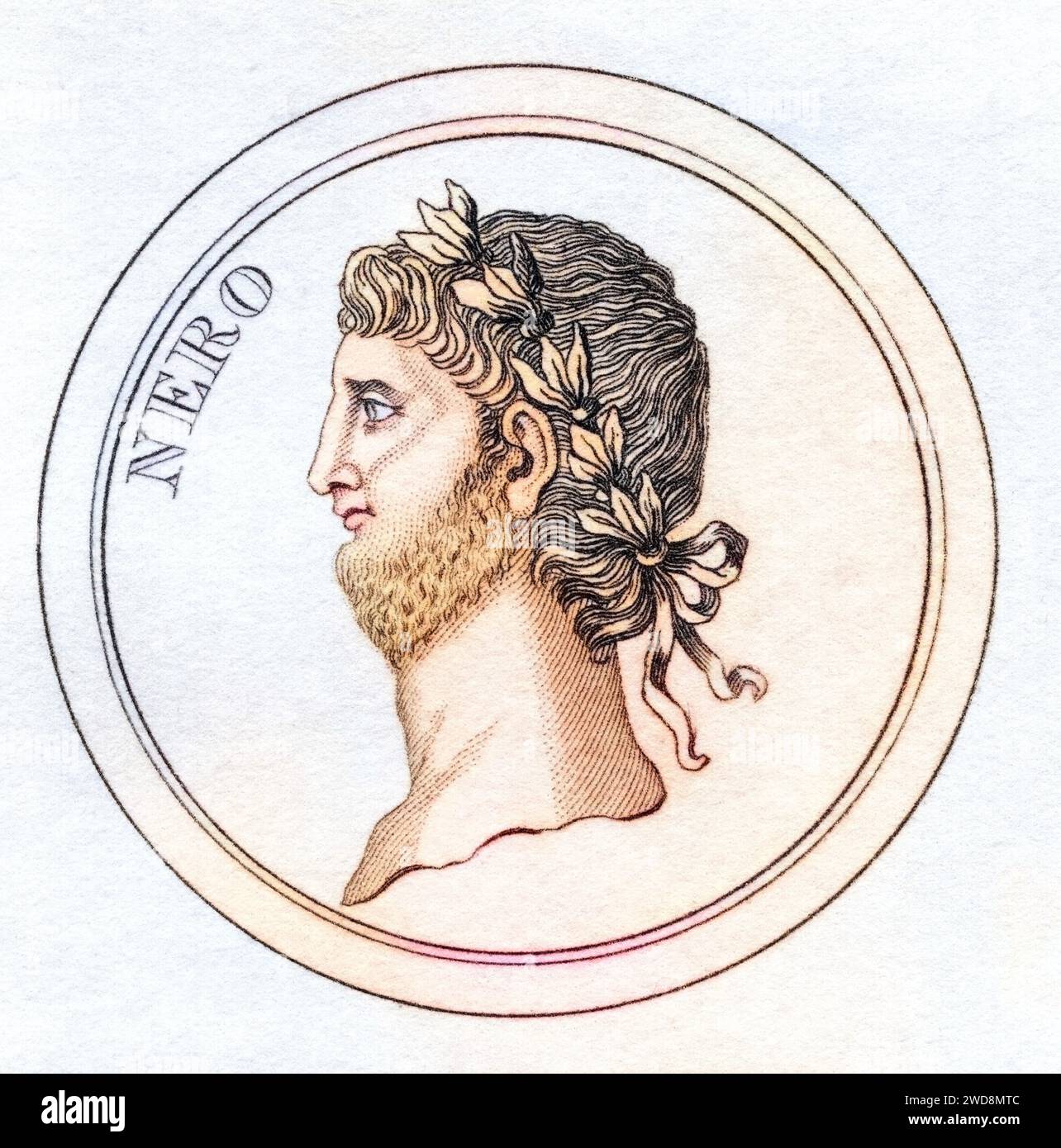 Nero Claudius Caesar Augustus Germanicus AD37 - 68 Geboren als Lucius Domitius Ahenobarbus Fünfter und letzter römischer Kaiser aus der julisch-claudischen Dynastie aus dem Buch Crabbs Historical Dictionary aus 1825, Historisch, digital restaurierte Reproduktion von einer Vorlage aus dem 19. Jahrhundert, Datum nicht angegeben Stockfoto