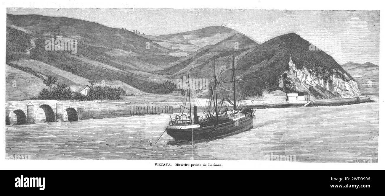 16.07.1872, La Ilustración Española y Americana, Vizcaya, Histórico puente de Luchana. Stockfoto