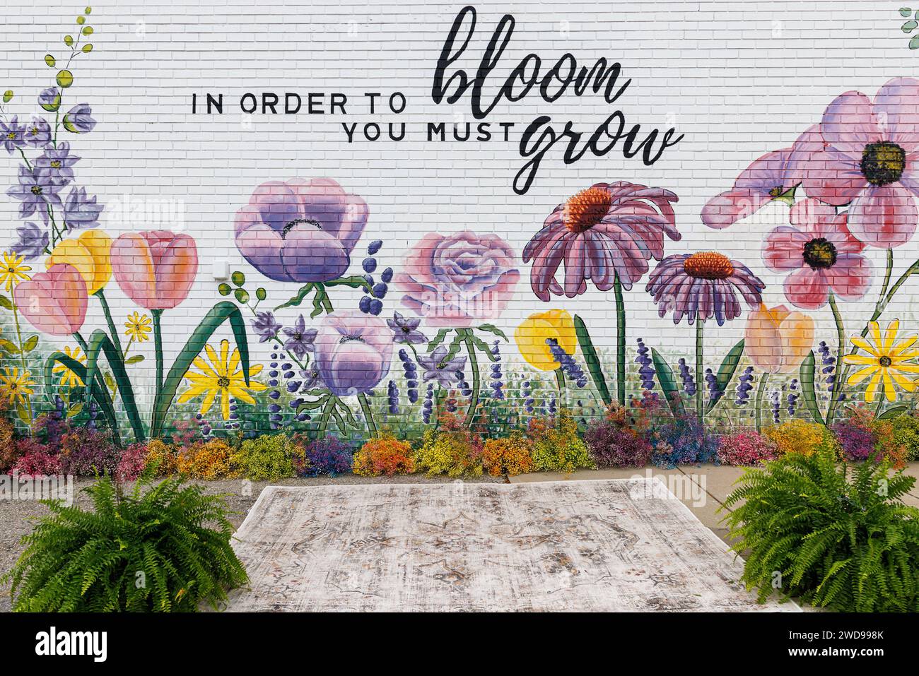 Buntes Blumengemälde an der Gebäudewand Stockfoto