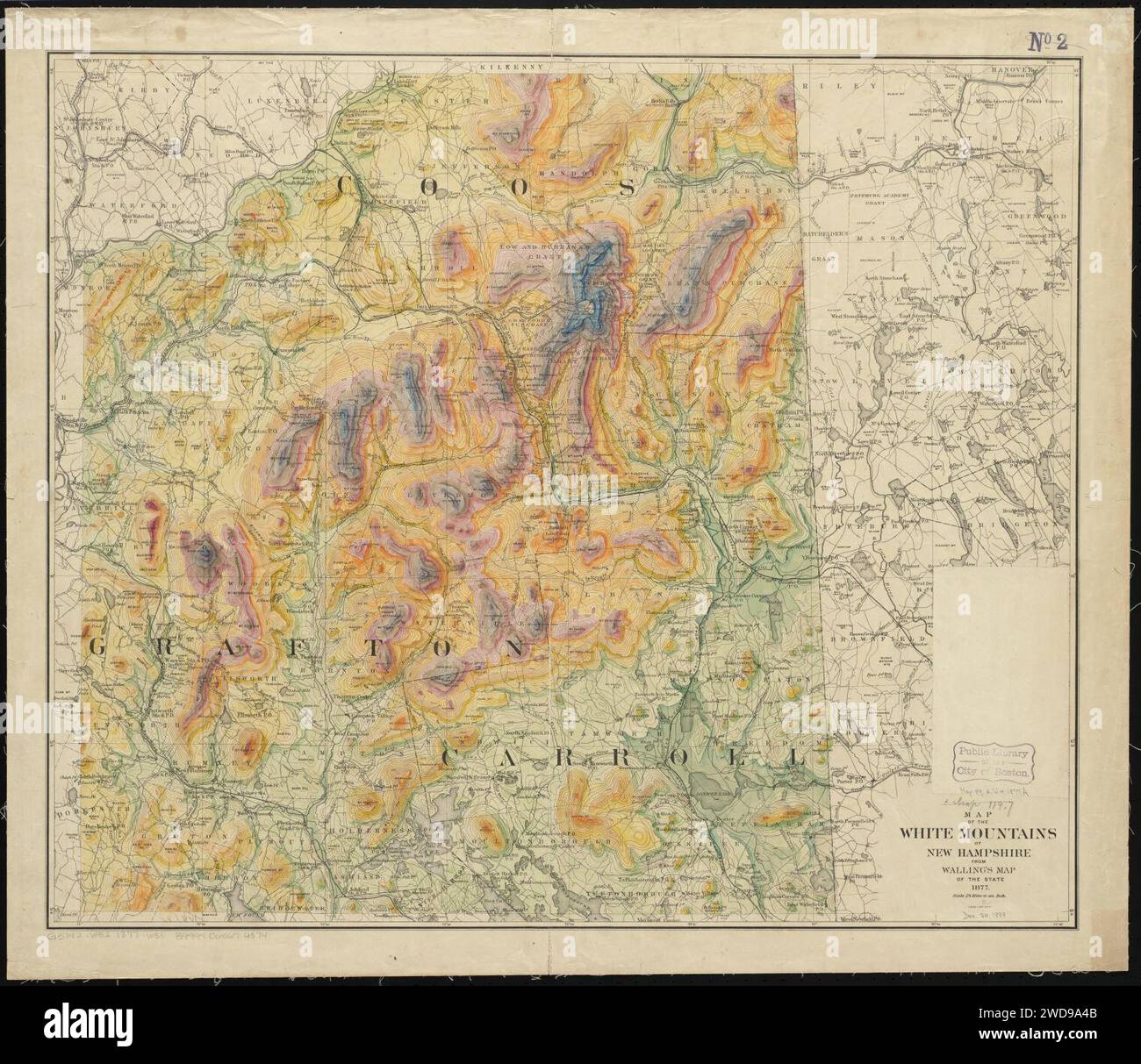 1877 Map of the White Mountains of New Hampshire aus Wallings Landkarte des Staates von Henry Franics Walling und Julius Bien, Stockfoto