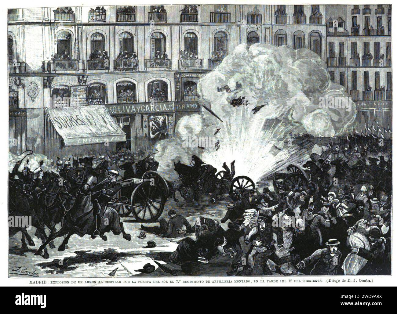 1879-06-30, La Ilustración Española y Americana, Madrid. — Explosión de un armon al desfilar por la Puerta del Sol el 7.° regimiento de artillería montado, en la tarde del 19 del corriente, Comba. Stockfoto