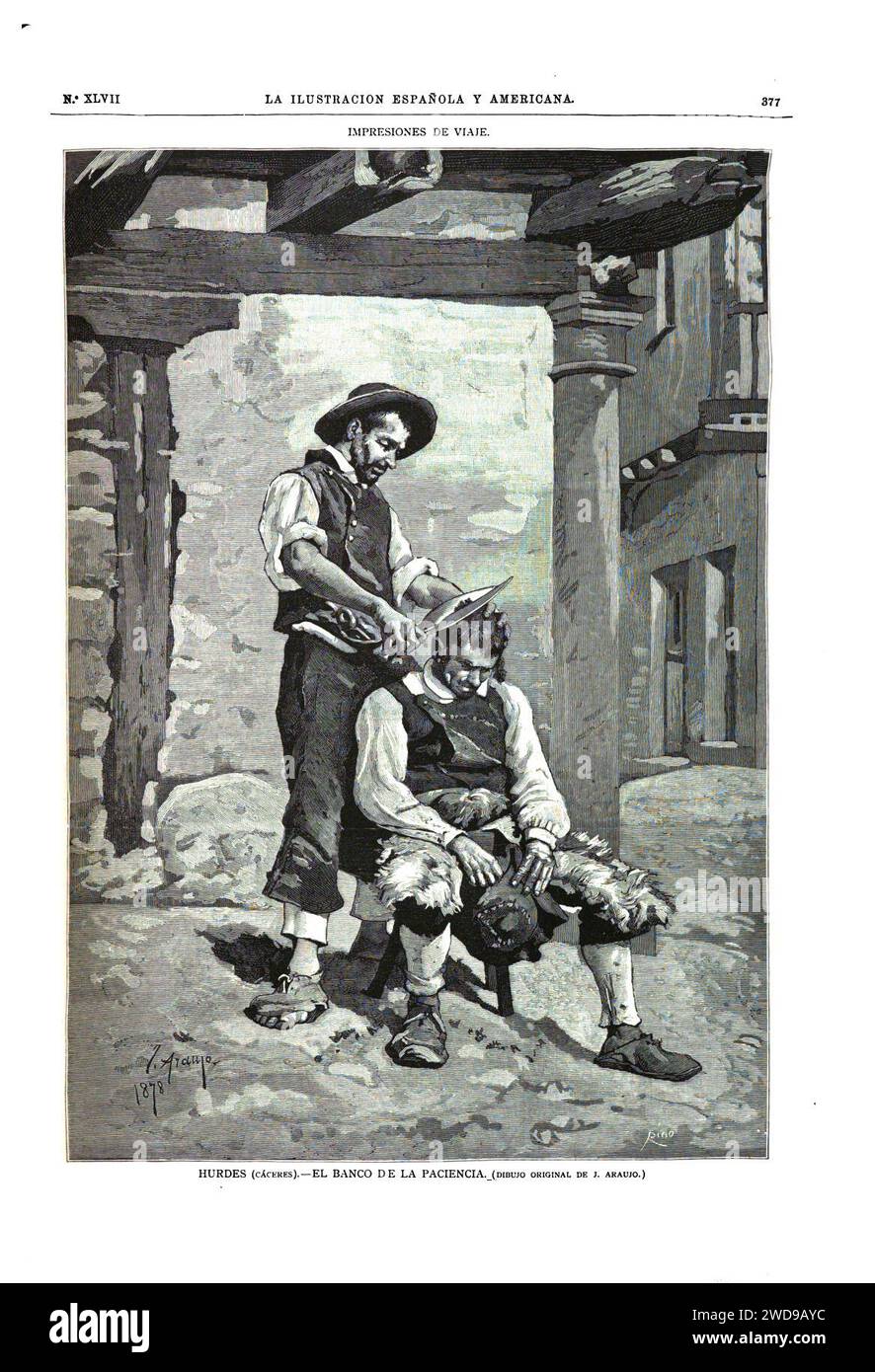 22. Dezember 1880, La Ilustración Española y Americana, Impresiones de viaje, Hurdes (Cáceres), El banco de la paciencia. Stockfoto