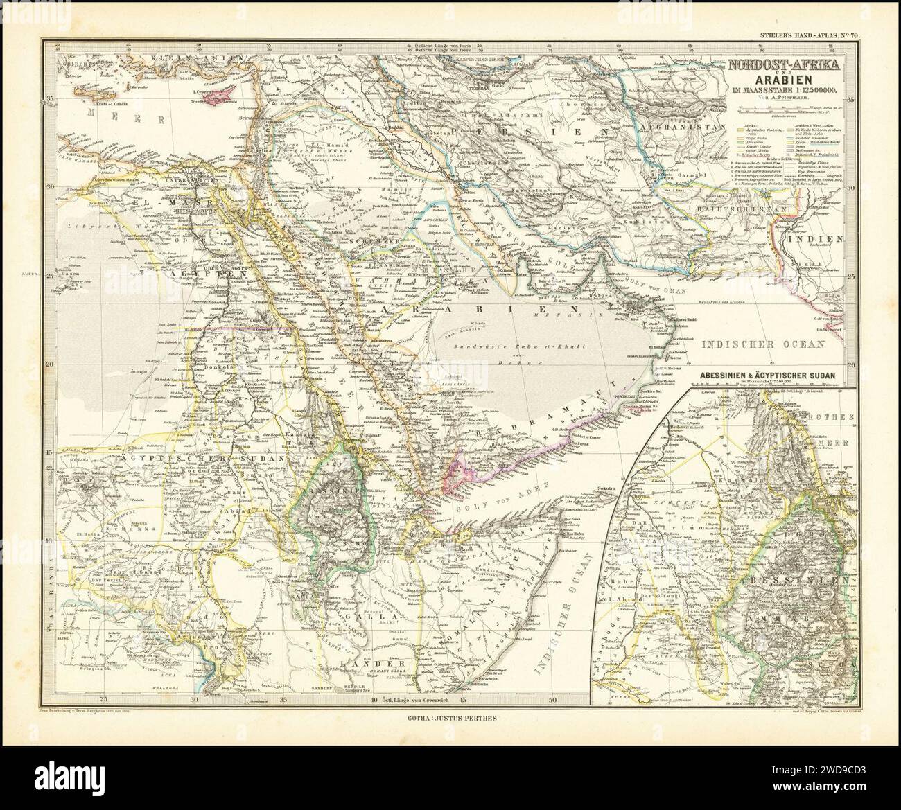 1885 Karte der Arabischen Halbinsel und Nordostafrika von Adolf Stieler. Stockfoto