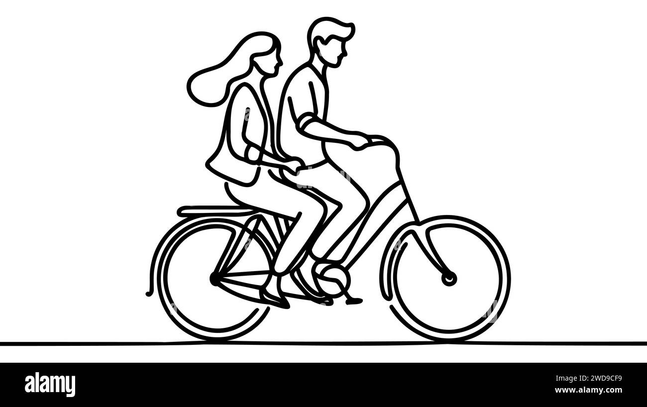 Durchgehende, einzeilige Zeichnung eines romantischen Paares. Glückliches Paar fährt zusammen mit Tandemfahrrad. Glückliche Familie. Intimität feiert Hochzeitstag. Si Stock Vektor
