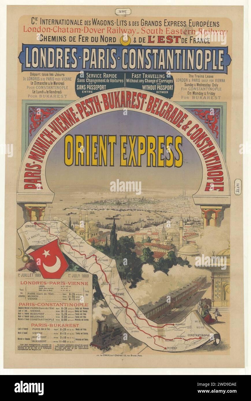 1888 Orient-Express-Werbung - Londres-Paris-Konstantinopel. Stockfoto