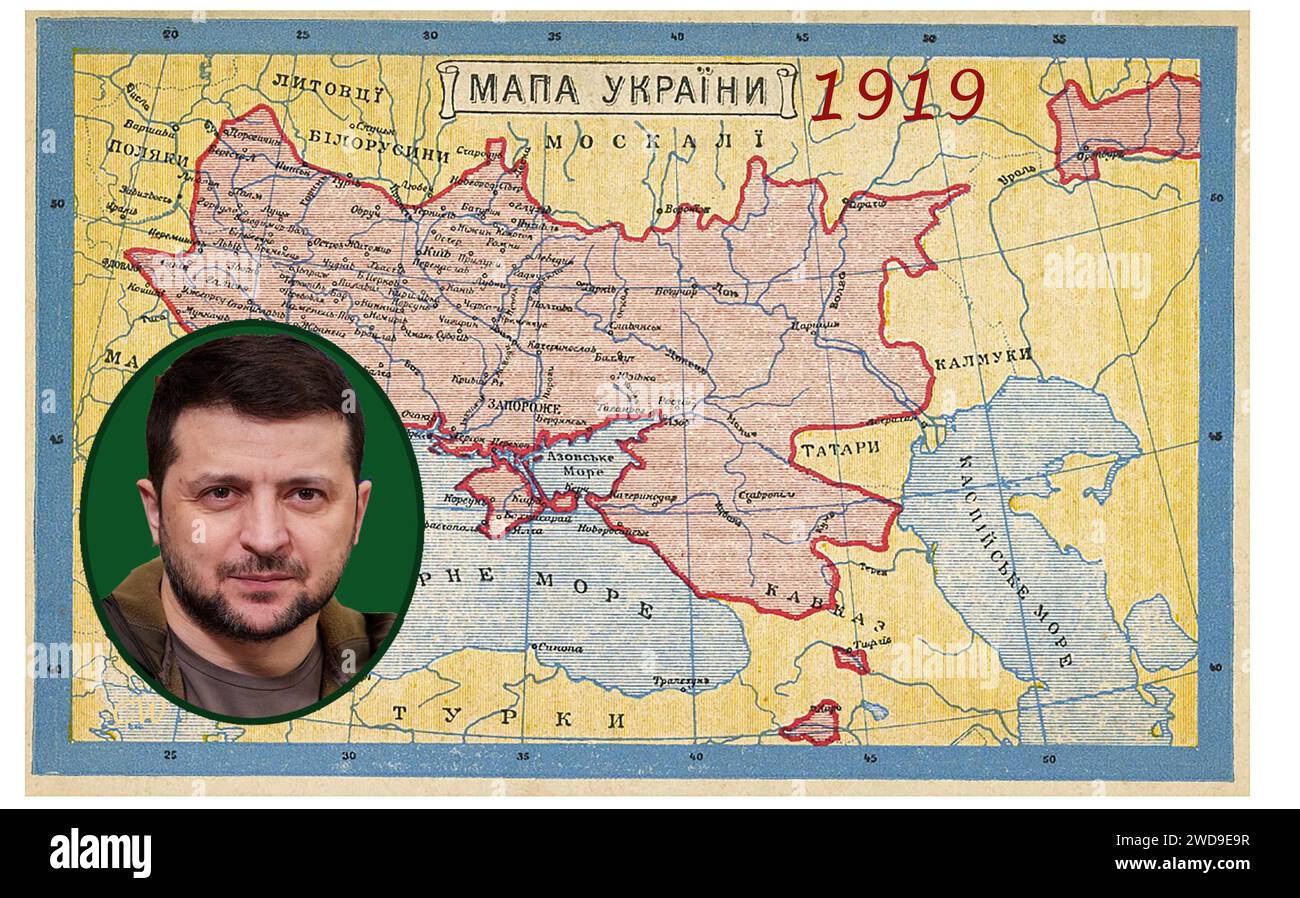 Karte der Ukraine im Jahr 1919. Inset Wolodymyr Oleksandrovych Zelenskyj (Zelenski oder Zelenskij) -geb. 1978 - Russisch geb. Sechster Präsident der Ukraine seit 2019.- Карта Украины 1919 года. Врезка Владимир Александрович Зеленский (Зеленский или Зеленский) - 1978 года рождения, Русский. Шестой президент Украины с 2019 року - Карта України 1919 года. Вставка Володимир Олександрович Зеленський (Зеленський або Зеленський) росіянин Шостий президент з 2019 року.- Stockfoto