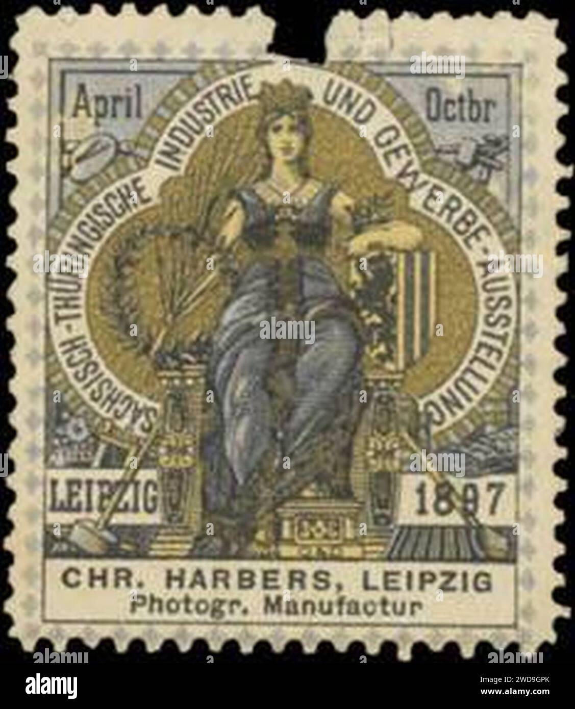 1897 Sächsisch-Thüringische Industrie- und Gewerbe-Ausstellung, Leipzig, Reklamemarke Chr. Harbers. Stockfoto