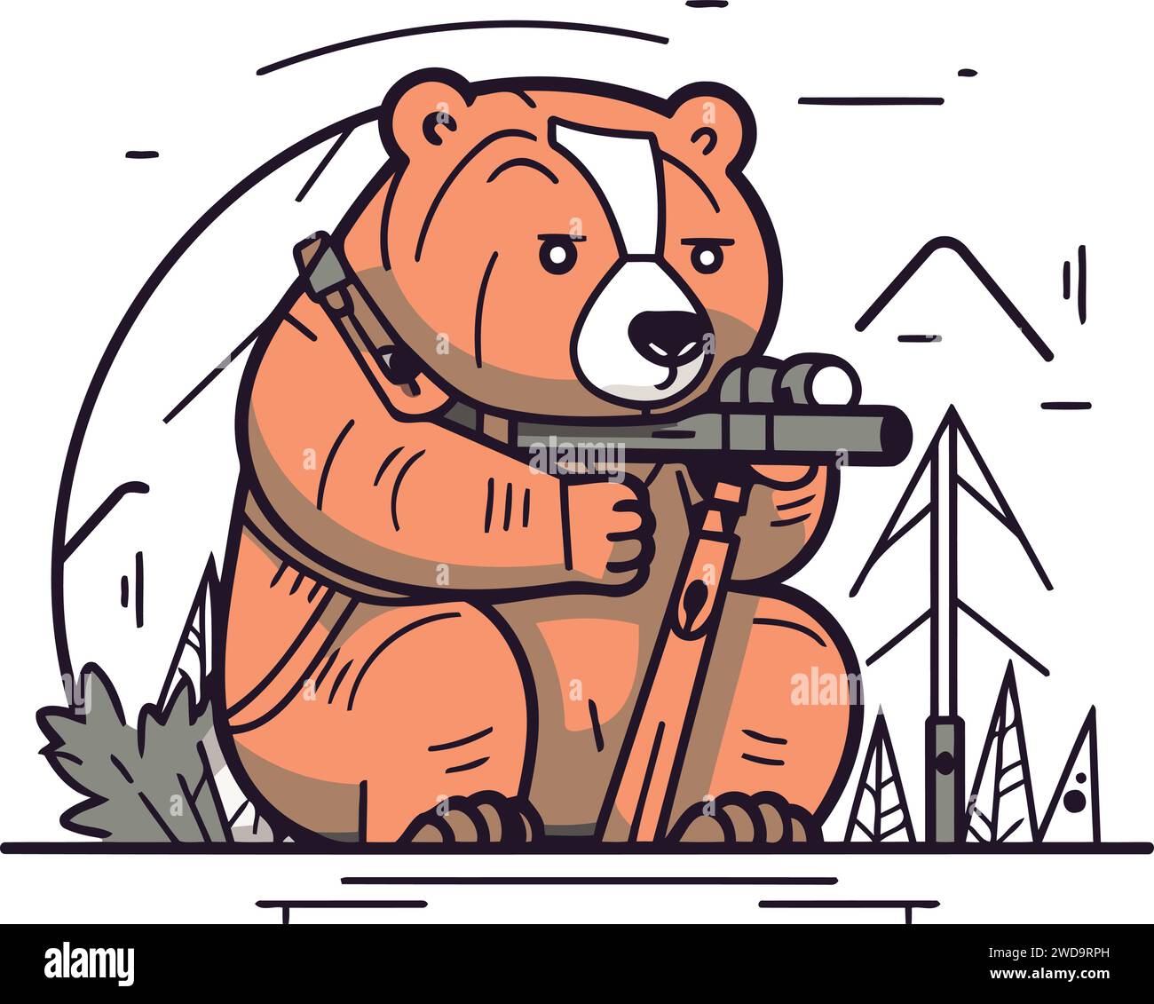 Vektor-Illustration eines süßen Bären mit einer Waffe in den Händen. Lineare Ausführung. Stock Vektor