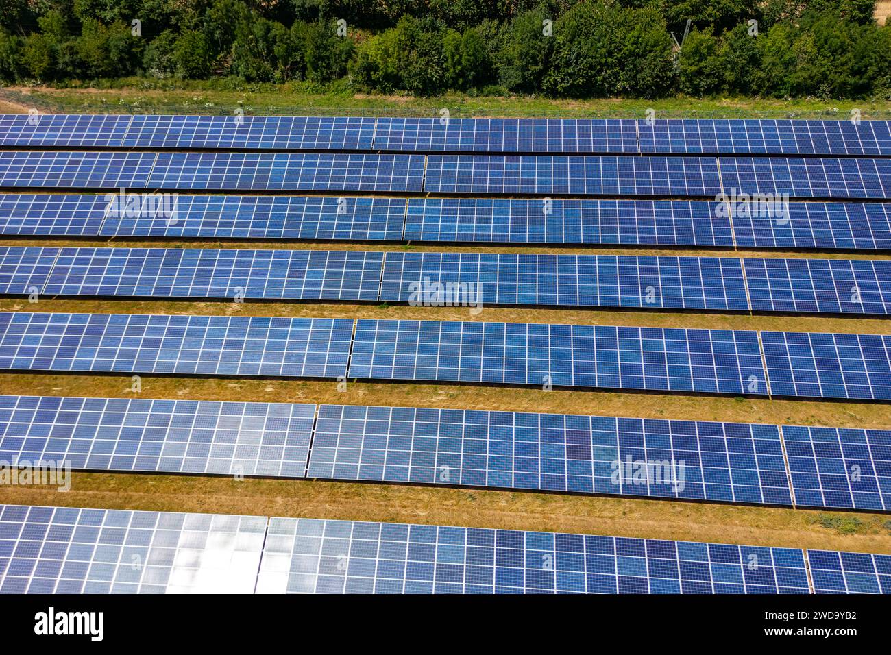 Solarkraftwerk mit Reihen von Photovoltaik-Modulen in einem ländlichen Gebiet neben einem Wald, Deutschland Stockfoto