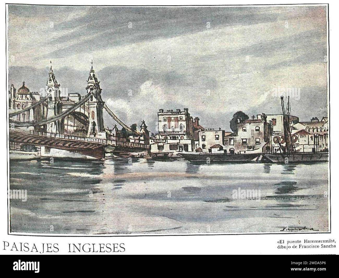 16. Oktober 1926, La Esfera, Paisajes ingleses, El puente Hammersmiht, Dibujo de Francisco Sancha. Stockfoto