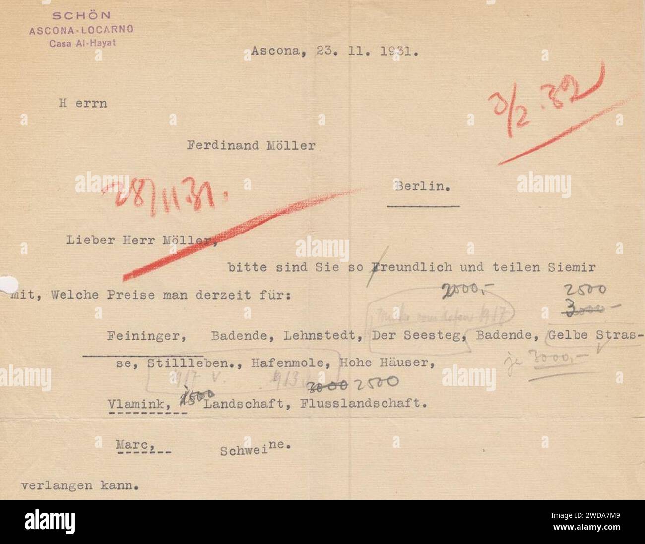 23. November 1931 Fritz schön Briefkopf von Ascona an Ferdinand-Möller in Berlin, Anfrage zum Preis für Gemälde von Lyonel Feininger, Maurice de Vlaminck und Franz Marc. Stockfoto