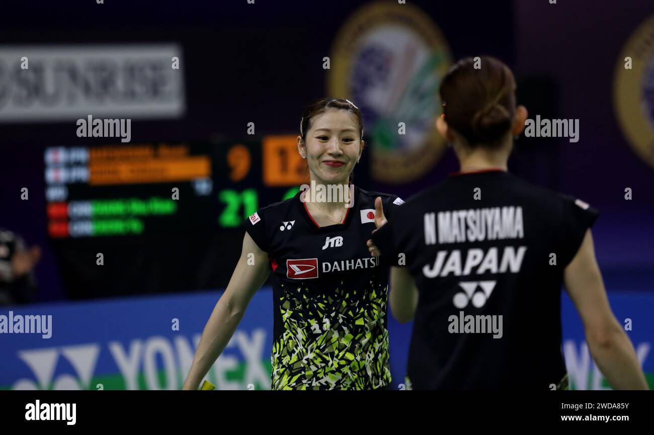 Neu-Delhi, Indien. Januar 2024. Die Japaner Chiharu Shida und Nami Matsuyama spielen im Viertelfinalspiel der Frauen bei den Yonex Sunrise India Open 2024 gegen die Chinesen Zhang Shun Xian und Zheng Yu (nicht abgebildet). (Foto: Naveen Sharma/SOPA Images/SIPA USA) Credit: SIPA USA/Alamy Live News Stockfoto