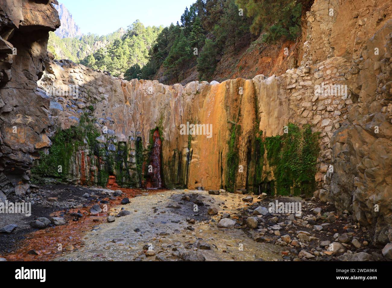 Blick auf den Wasserfall Colores im Nationalpark Caldera de Taburiente auf der Insel La Palma, Kanarische Inseln Stockfoto