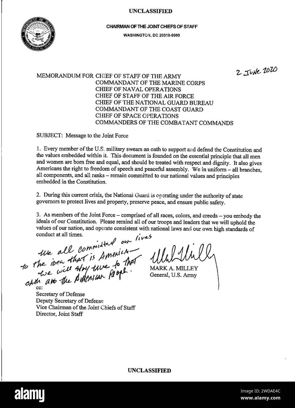 02.06.2020 - Vorsitzender der Gemeinsamen Stabschefs - Botschaft an die Gemeinsame Truppe. Stockfoto