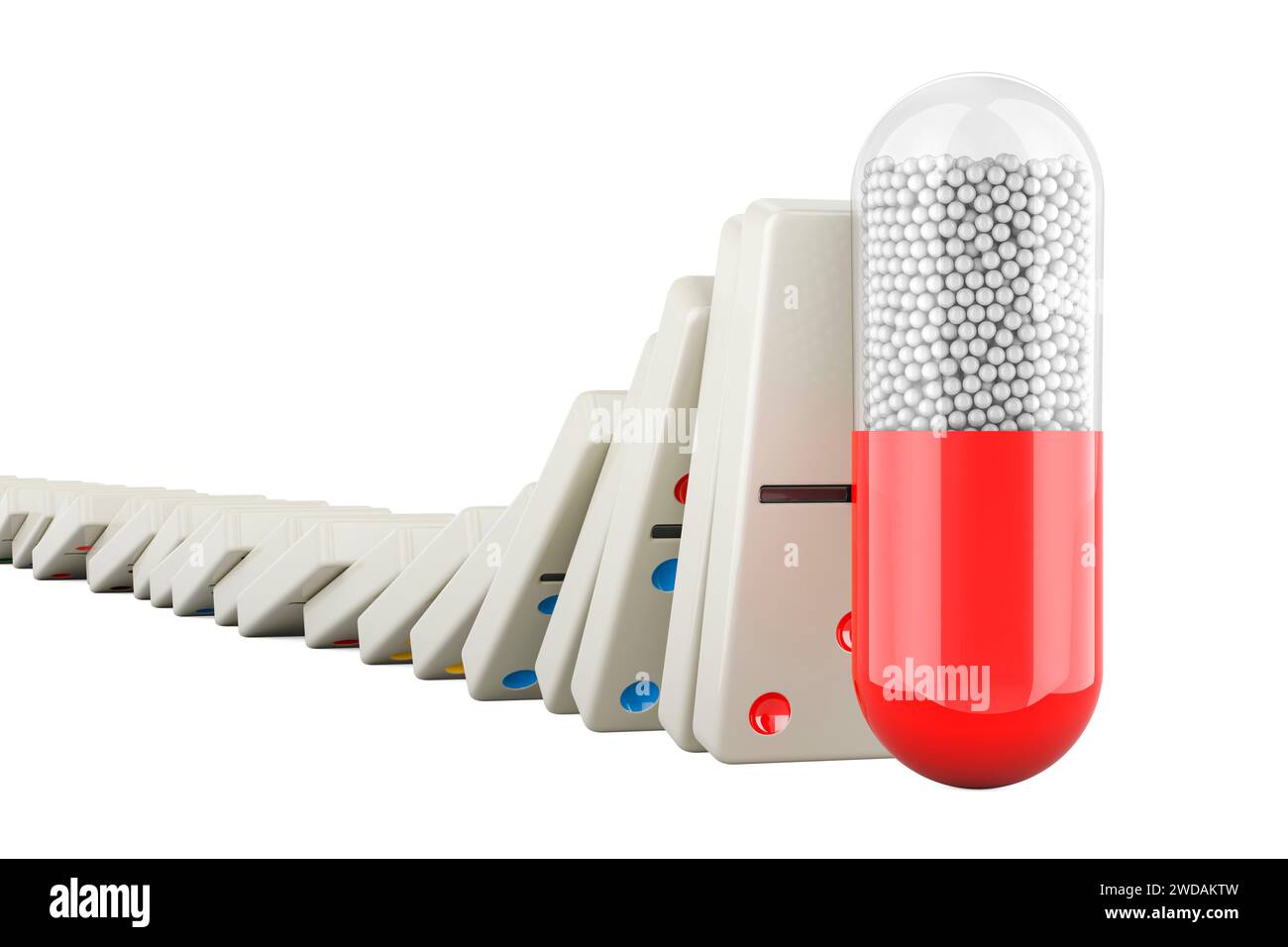Medikamentenkapsel stoppen Domino-Effekt, 3D-Rendering isoliert auf weißem Hintergrund Stockfoto