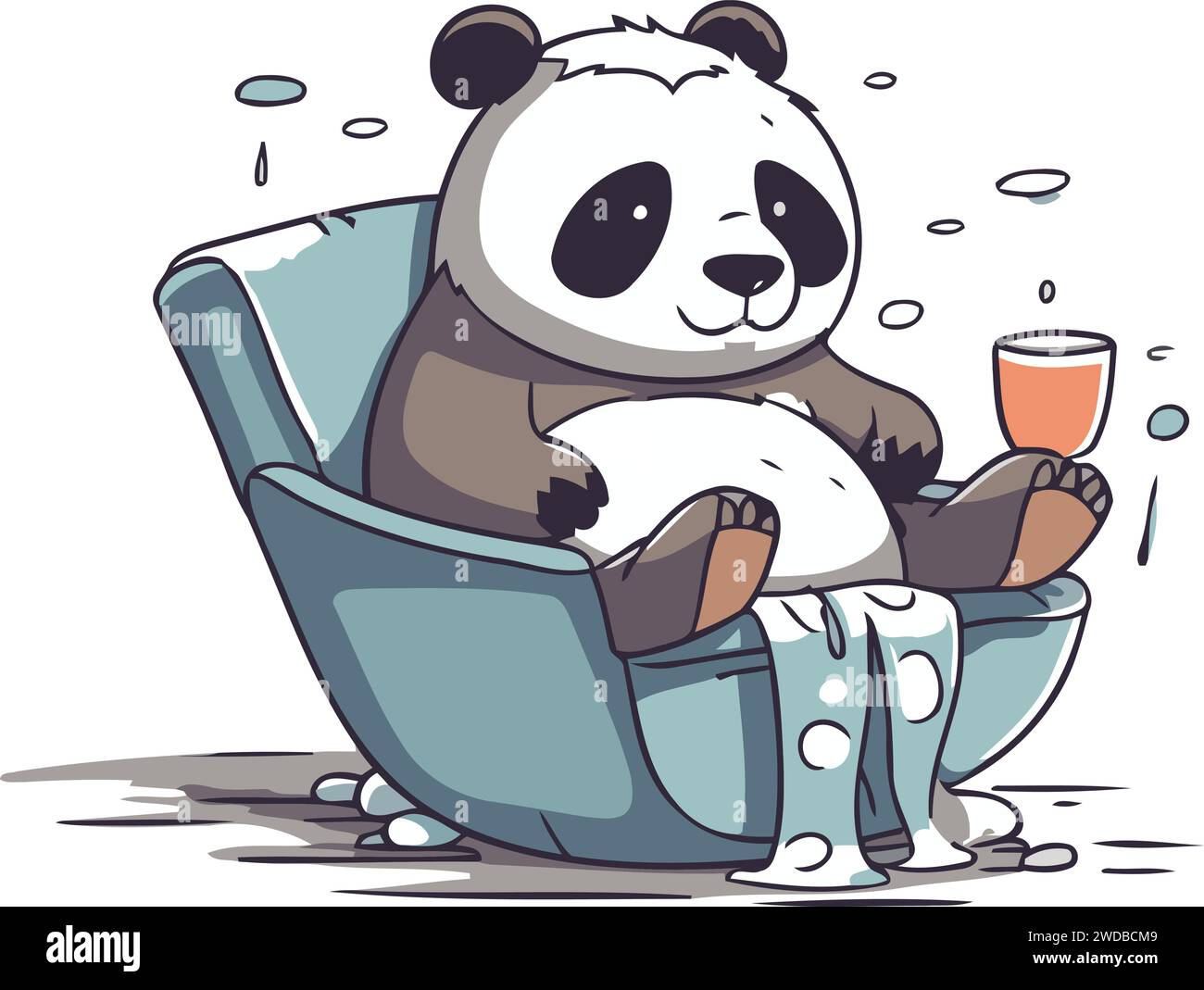 Cartoon Panda sitzt im Sessel und trinkt Wein. Vektorabbildung. Stock Vektor