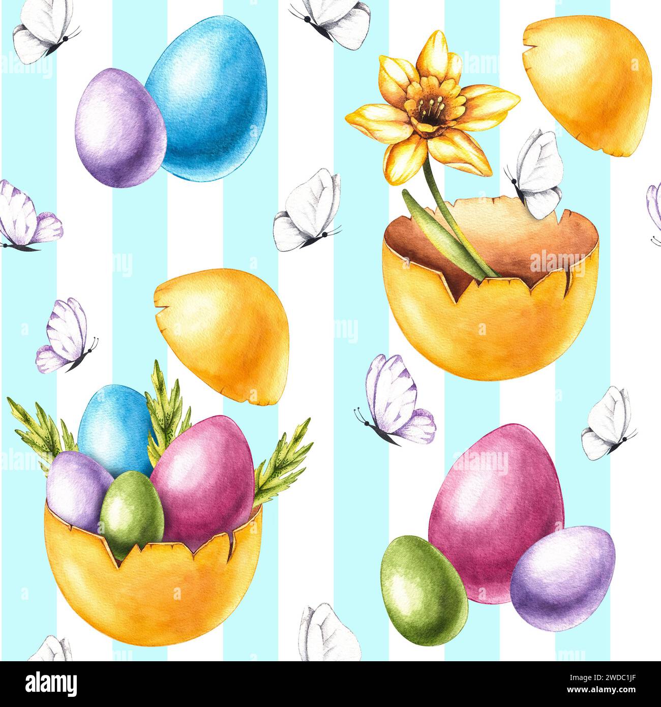 Nahtloses Ostermuster mit Eiern auf gestreiftem Hintergrund. Niedliches Ostermuster mit handgezeichneten Elementen für Designstoffe, Karten, Geschenk wra Stockfoto