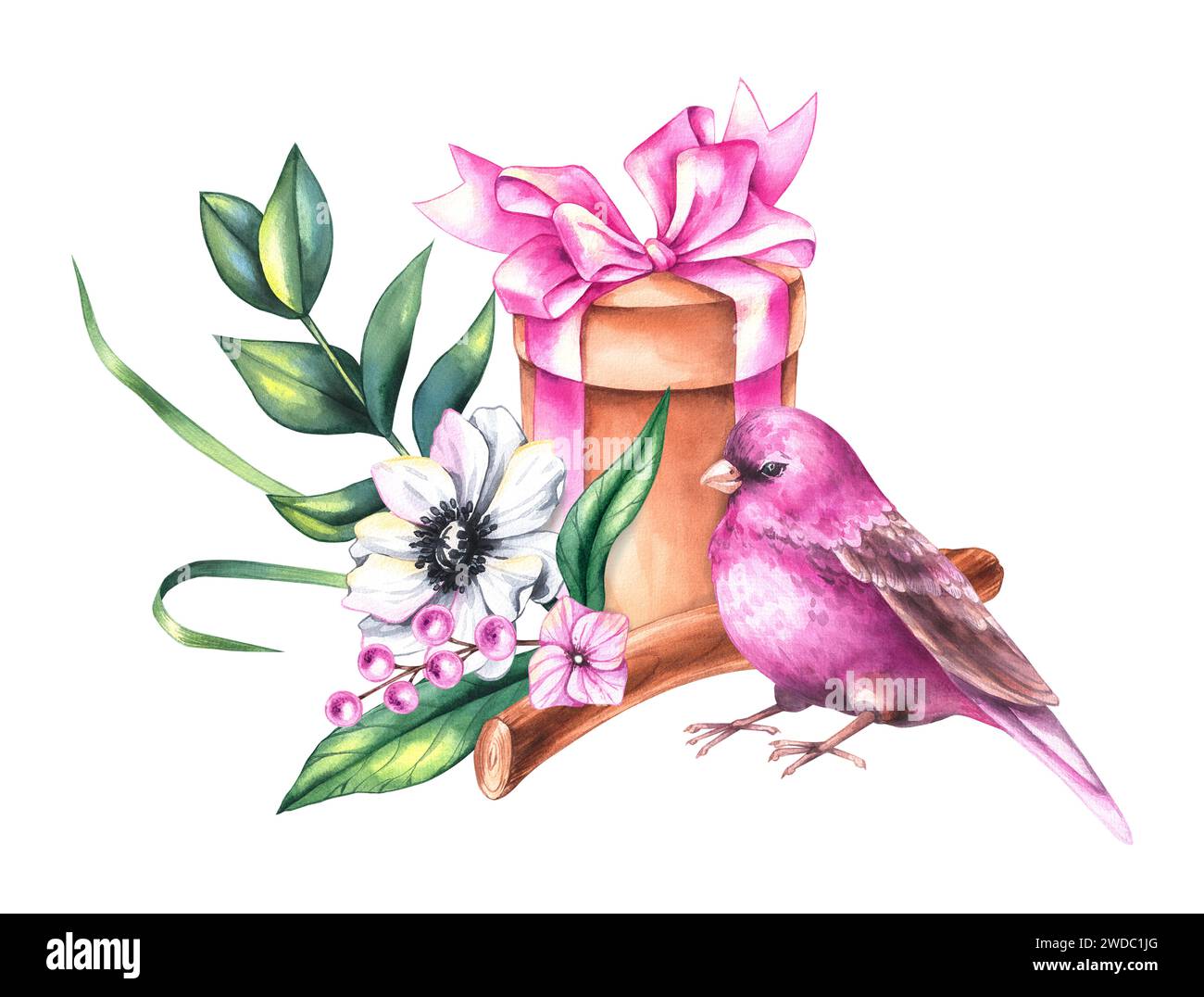 Aquarellstrauß zum Valentinstag mit Blumensträußen, Vögeln und Blumen isoliert auf weiß. Handgezeichnete Blumen, Vögel und Herzen für das Design Stockfoto