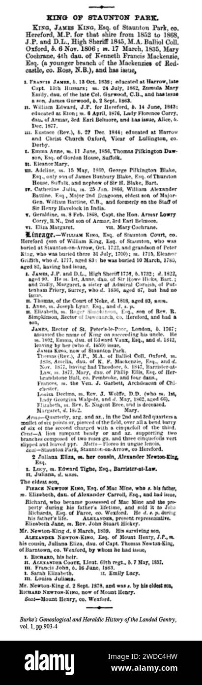 King of Staunton Park, Burke's Genealogical and Heraldic History of the Landed Gentry 1882, Staunton on Arrow. Stockfoto