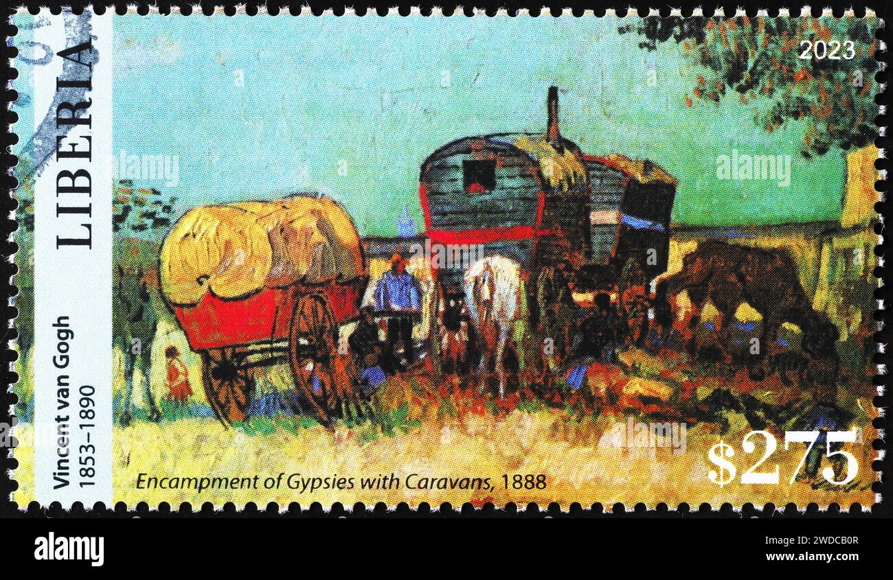 'Encamp der Zigeuner mit Caravans' von Van Gogh auf Briefmarke Stockfoto