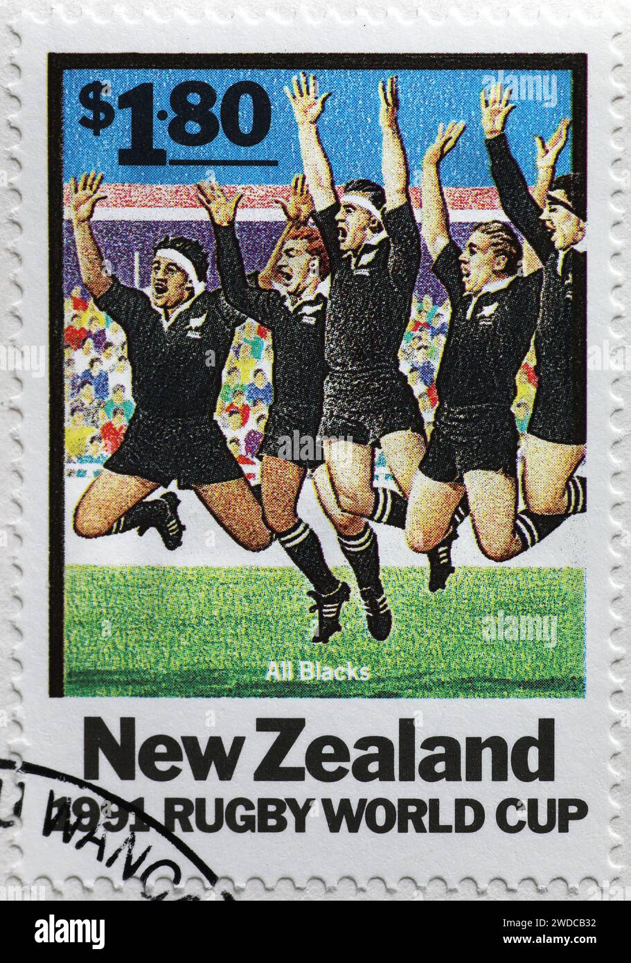 Haka aller Schwarzen auf Neuseeland-Briefmarke Stockfoto
