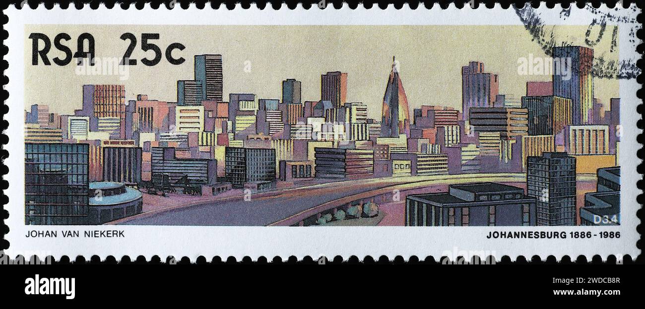 Modernes Stadtbild von Johannesburg auf südafrikanischem Stempel Stockfoto