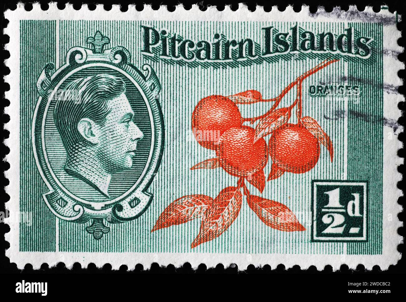 Orangen auf Briefmarken der Pitcairn-Inseln, Stockfoto